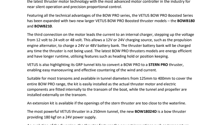 VETUS Introduces New Models and Accessories in Renowned BOW PRO Thruster Range