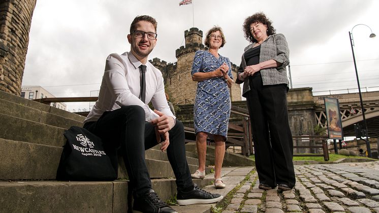 Northumbria University student Christopher Brownhill, pictured with Caroline Theobald CBE and Zélie Guérin