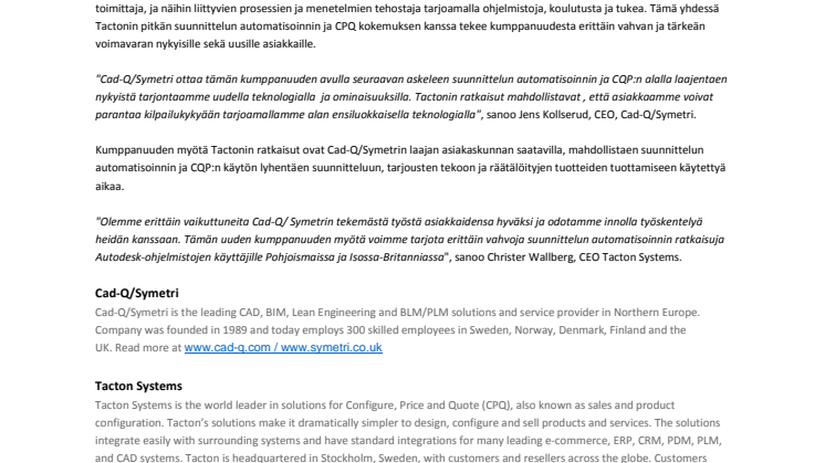 Cad-Q/Symetri yhteistyöhön Tacton Systemsin kanssa 