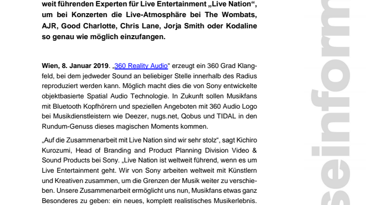 Live Nation Kooperation für „360 Reality Audio“ Sound von Sony