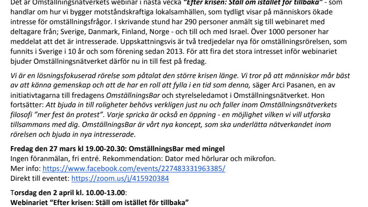 Krismedvetande ökar intresse för omställning. Välkommen på fredagsmingel och nationell onlinebar klockan 19.00, OmställningsBar