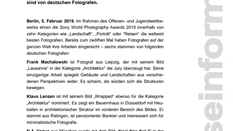 Sechs deutsche Fotografen sind für die Sony World Photography Awards 2019 nominiert