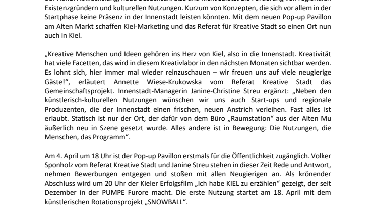 Pop Up Pavillon eröffnet in Kiel. Kreativlabor und Start up Bühne in der Innenstadt