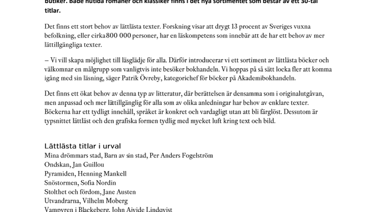 Akademibokhandeln satsar på lättläst för vuxna