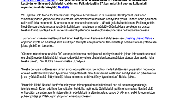Kansainvälinen kestävän kehityksen Gold Medal -palkinto Nestlélle