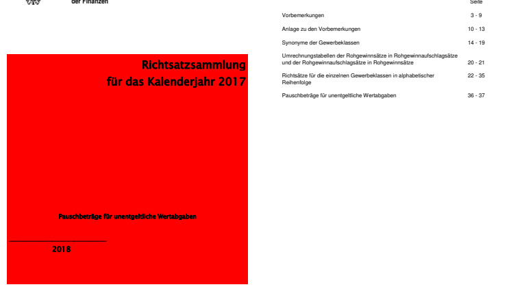 Richtsätze (2017) und Pauschbeträge von Unternehmern für Sachentnahmen (2017/2018)