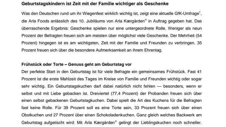 Bundesweite GfK-Umfrage im Auftrag von Arla Kærgården® macht deutlich: Geburtstagskindern ist Zeit mit der Familie wichtiger als Geschenke