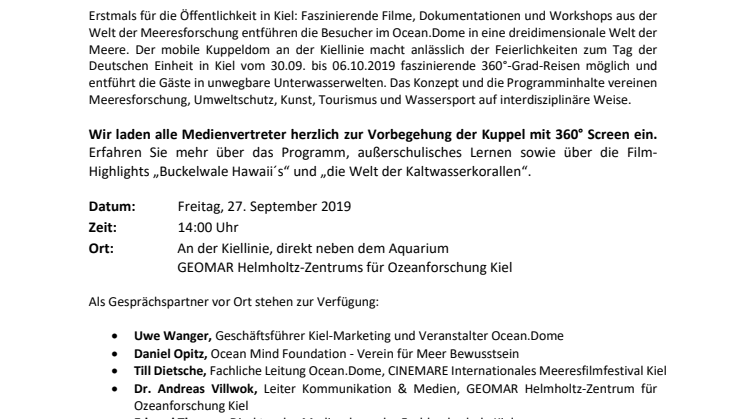 Einladung zum Presse- und Fototermin: Ocean.Dome kostenfrei zum Tag der Deutschen Einheit