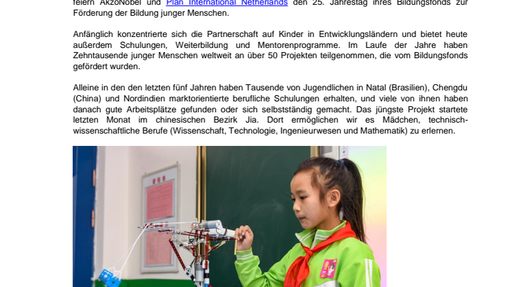 Zehntausende von Kindern haben in den letzten 25 Jahren vom Bildungsfonds von AkzoNobel profitiert