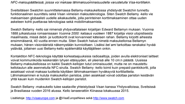 Ensi vuonna lähimaksaminen onnistuu rannekellon heilautuksella – Swatch ja Visa yhteistyöhön