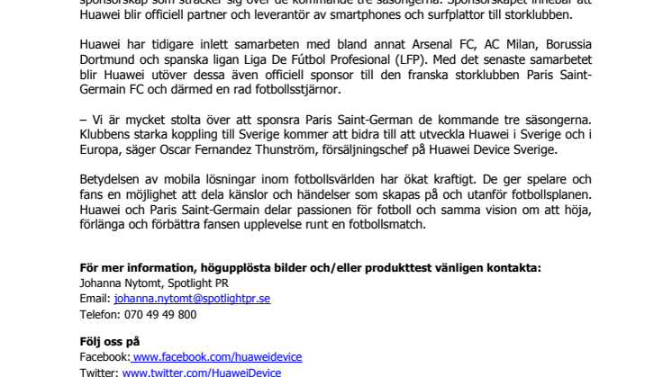 Huawei sponsrar Paris Saint-Germain FC