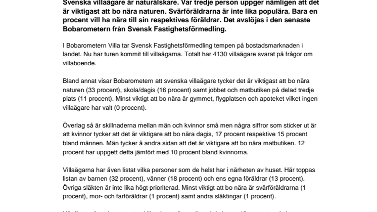 Bobarometern: Att bo nära naturen viktigast för svenska villaägare