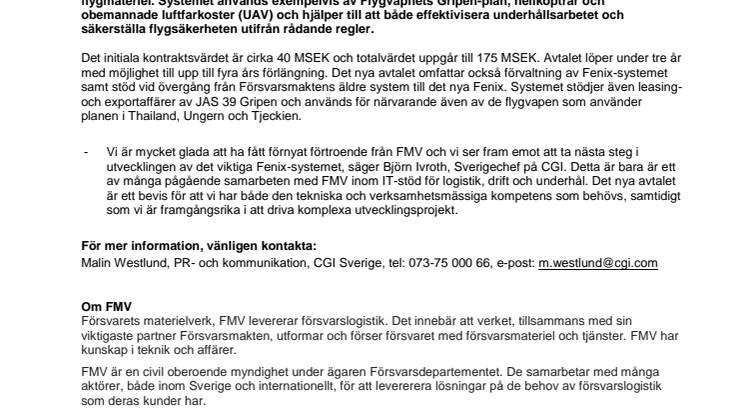 CGI väljs för att uppgradera flygunderhållssystem för FMV