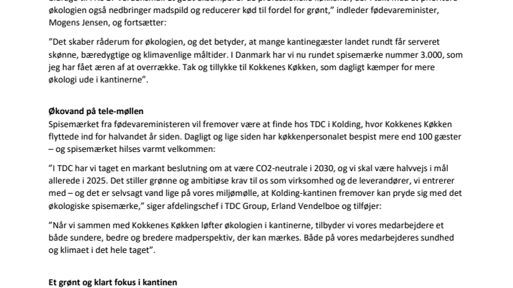 TDC og Kokkenes Køkken får landets økologiske spisemærke nr. 3.000 