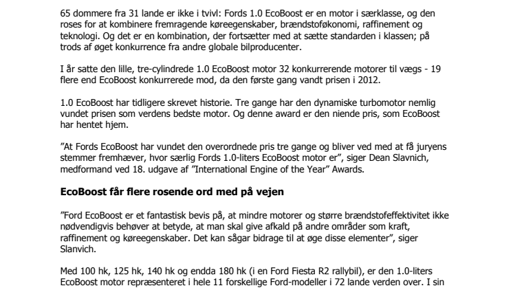 Fords dynamiske EcoBoost-motor er kåret som ”Bedste motor under 1 liter” for 5. år i træk