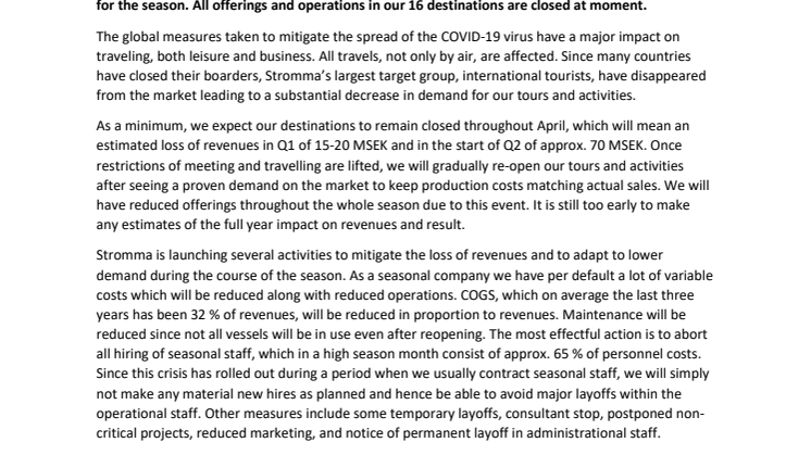 Update on Stromma’s operations in response to Covid-19 