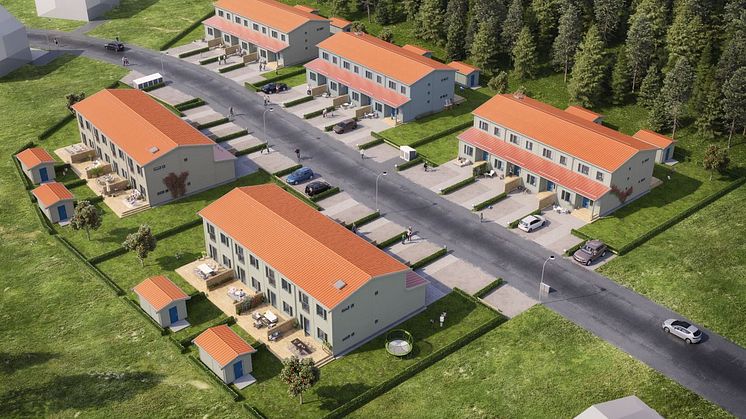 De 20 radhusbostäderna byggs i fem huskroppar vilket ger en trivsam och familjär känsla åt kvarteret. 