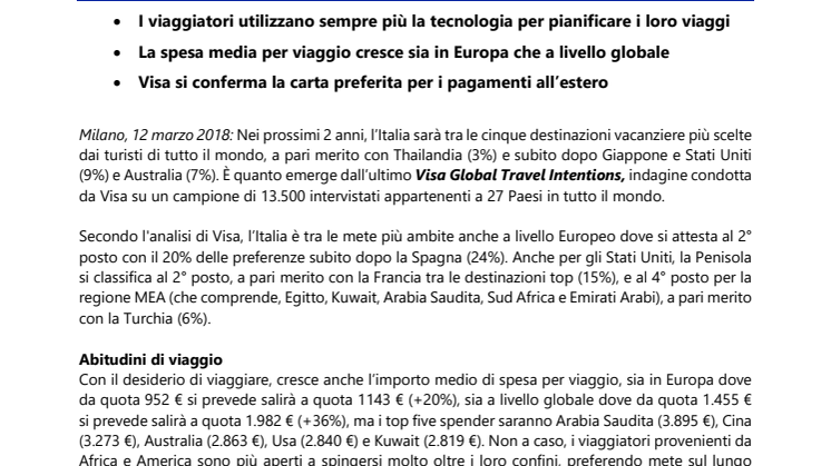 L’Italia tra le top 5 destinazioni turistiche  dei prossimi due anni a livello globale