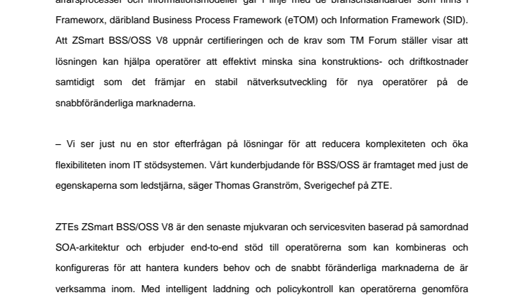 ZTE certifieras av TM Forum 