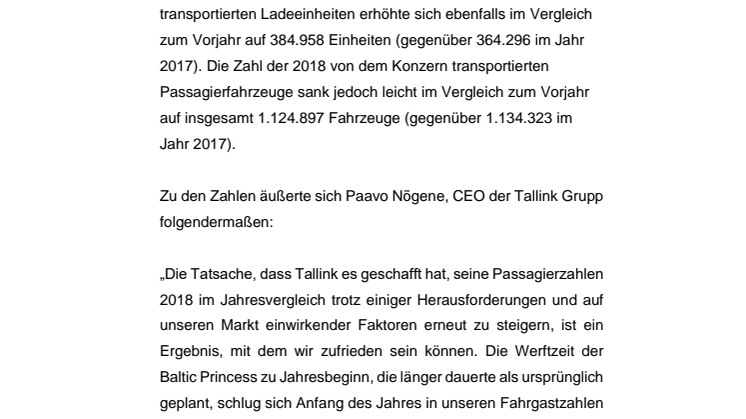 Tallink Grupp transportiert 2018 Rekordzahl an Ladeeinheiten und mehr Fahrgäste, aber weniger Passagierfahrzeuge