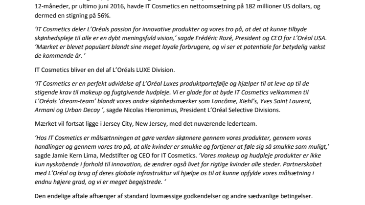 L'Oréal indgår aftale om at købe det amerikanske mærke IT Cosmetics