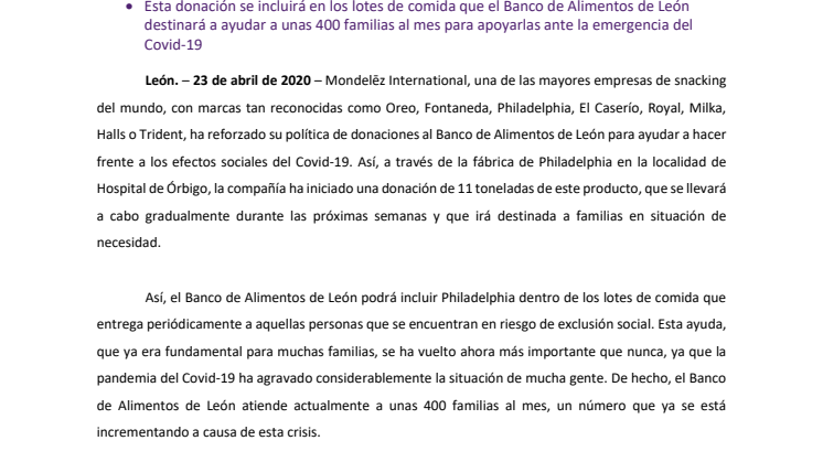 La fábrica de Mondelēz International en Hospital de Órbigo dona 11 toneladas de Philaldelphia al Banco de Alimentos de León 