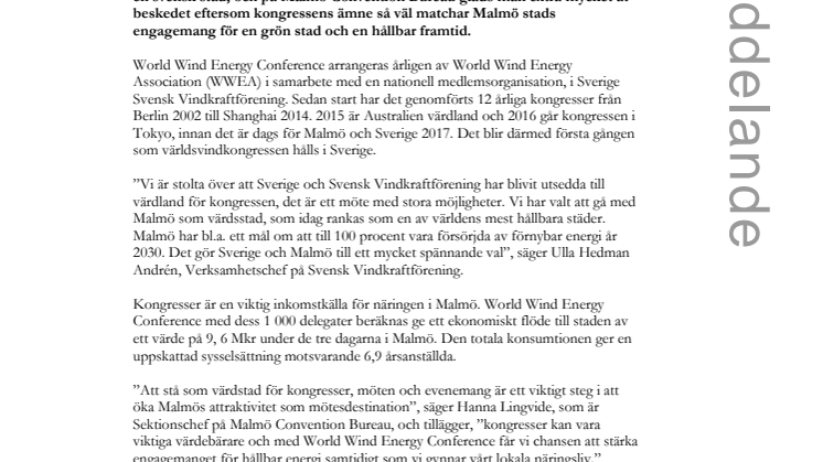 Malmö blir värdstad för World Wind Energy Conference 2017