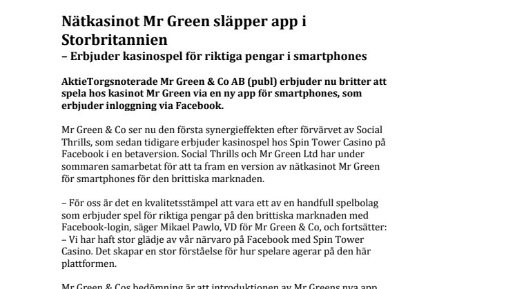 Nätkasinot Mr Green släpper app i Storbritannien