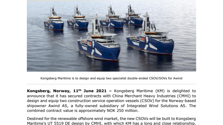 Kongsberg Maritime wins contract with CMHI to deliver CSOV design and equipment to Awind for offshore wind