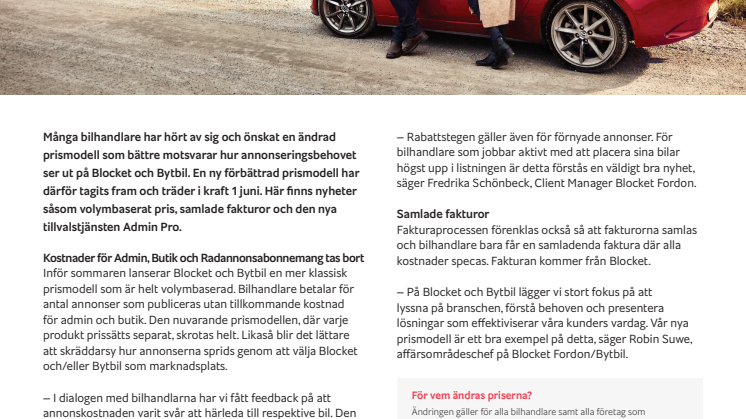 Blocket & Bytbil förbättrar prismodellen för fordonshandlare