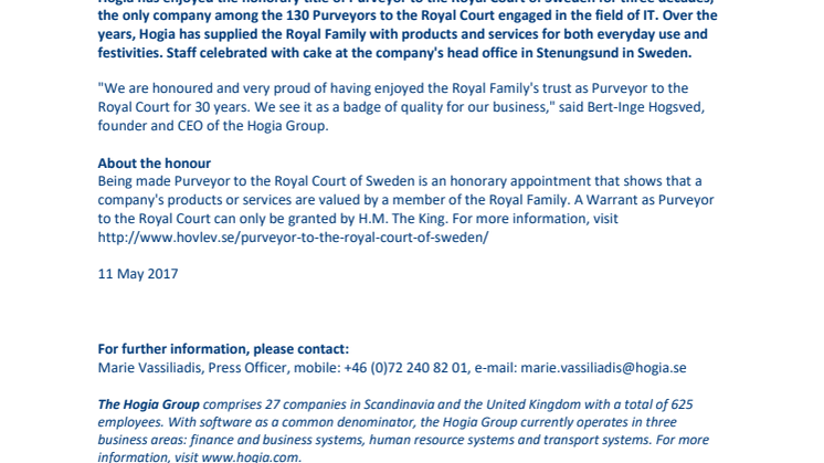 Hogia celebrates 30 years as Purveyor to the Royal Court of Sweden