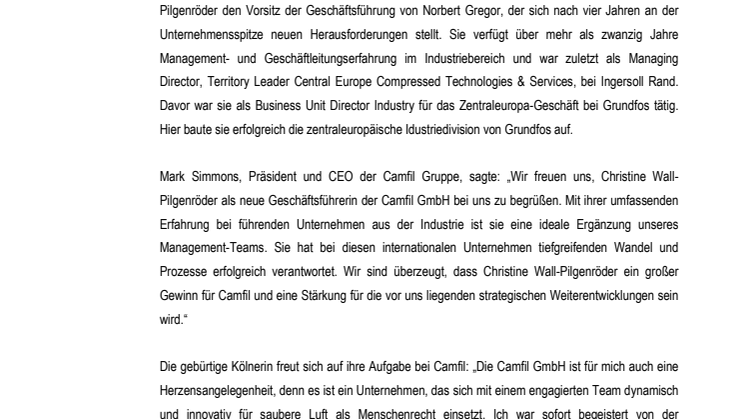 Christine Wall-Pilgenröder neue Geschäftsführerin der Camfil GmbH