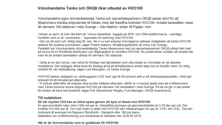Volvohandelns Tanka och OKQ8 ökar utbudet av HVO100
