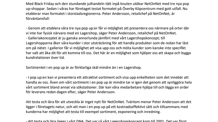 NetOnNet utökar med pop up i Nacka, Täby och Lund