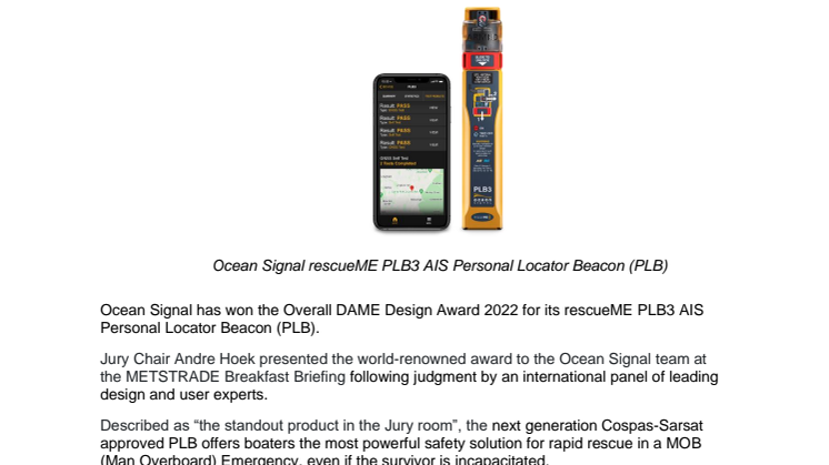 15 Nov 22 - METSTRADE - DAME - Ocean Signal Wins Overall DAME Design Award for rescueME PLB3.pdf