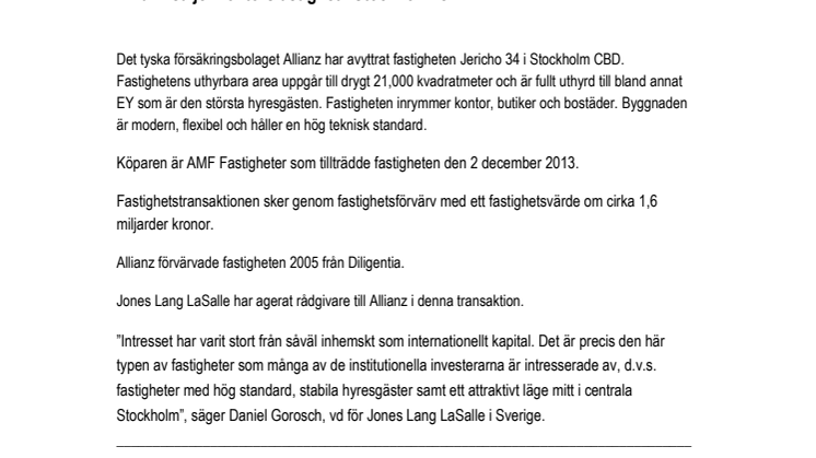 Allianz säljer kontorsfastighet i Stockholm CBD 