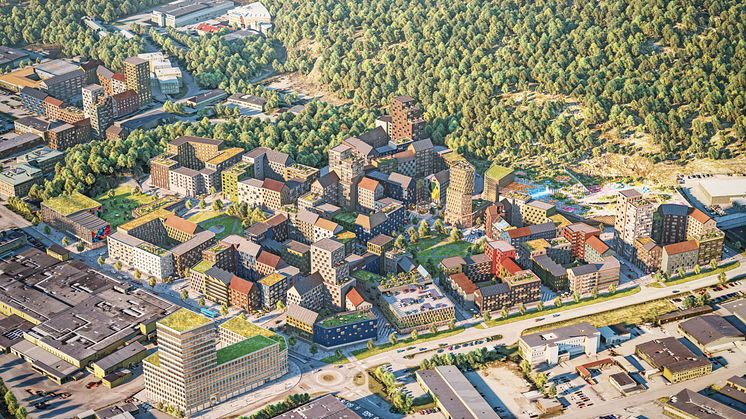 Södra-Änggården, översiktsillustration. 500 av de cirka 2000 bostäderna kommer att byggas av Hökerum Bygg. 