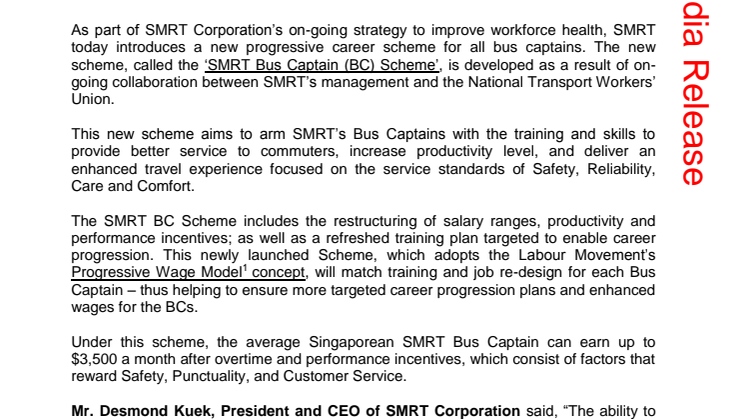 SMRT Introduces New Bus Captain Progressive Career Scheme