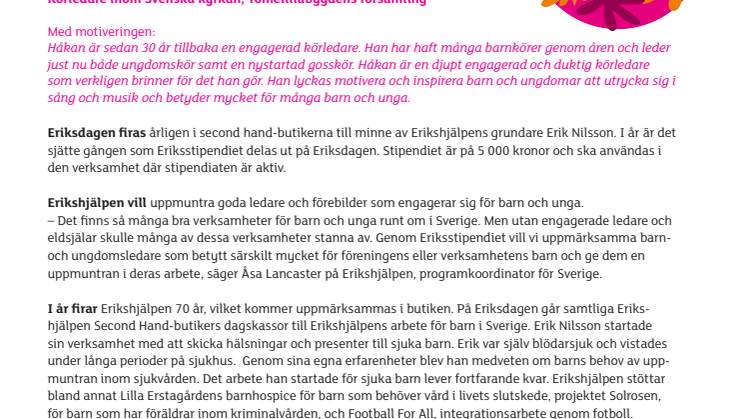 Håkan Olsson tar emot Eriksstipendiet i Tomelilla