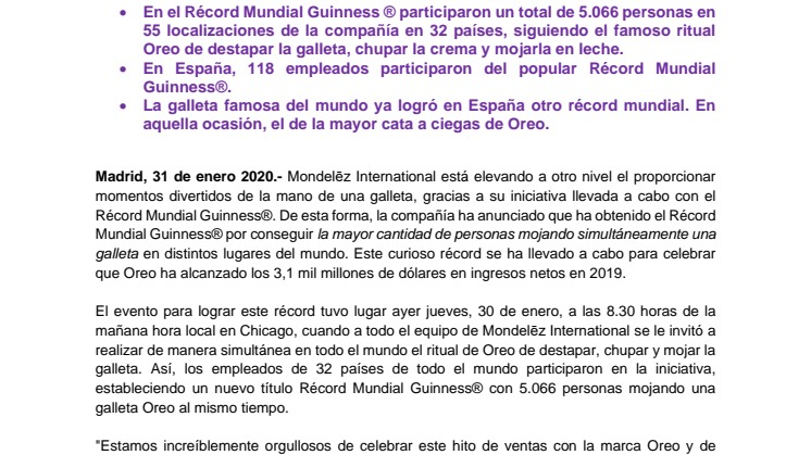 Mondelēz International logra el Récord Mundial Guinness® del mayor número de personas mojando una galleta Oreo al mismo tiempo