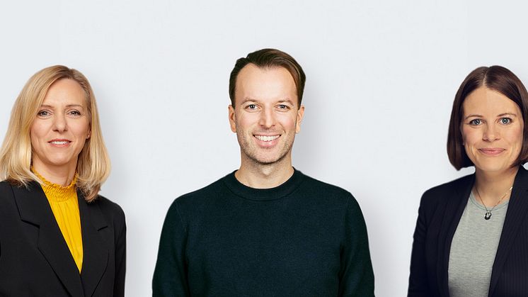 Från vänster: Marianne Gjertsen Ebbesen, koncerndirektör för bostadsutveckling trähus och Obos representant i Odevos styrelse, Daniel Larsson, vd på Odevo, och Ingunn Andersen Randa, koncerndirektör och ansvarig för Obos aktieinvesteringar.