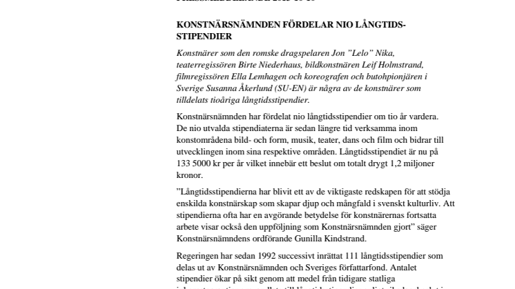 KONSTNÄRSNÄMNDEN FÖRDELAR NIO LÅNGTIDSSTIPENDIER 