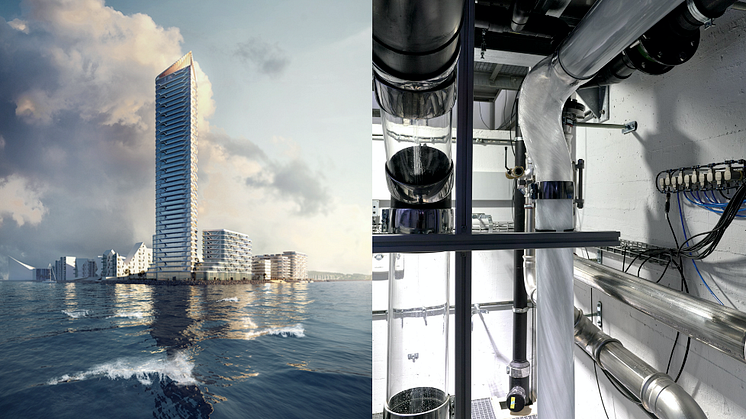Foto til venstre: Visualisering af Lighthouse udført af 3XN. Foto til højre: Geberit SuperTube