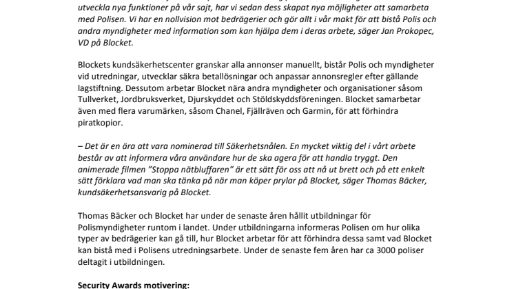 Blocket nominerat till ”Årets Säkerhetsnål”