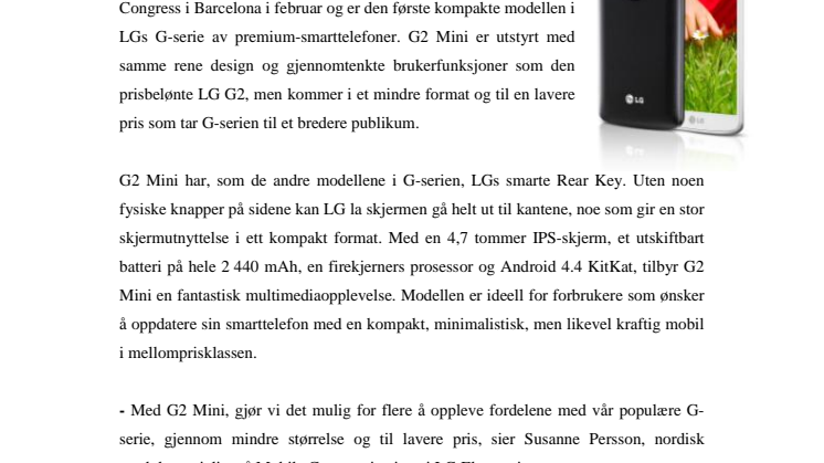 LG G2 MINI LANSERES I NORGE – FØRSTE MOBIL MED  DEN NYE SKJERMFUNKSJONEN KNOCK CODE