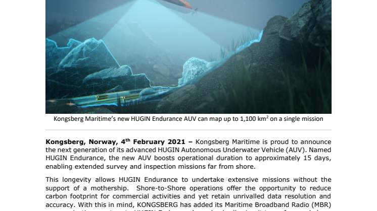 Kongsberg Maritime to launch next generation HUGIN Endurance AUV