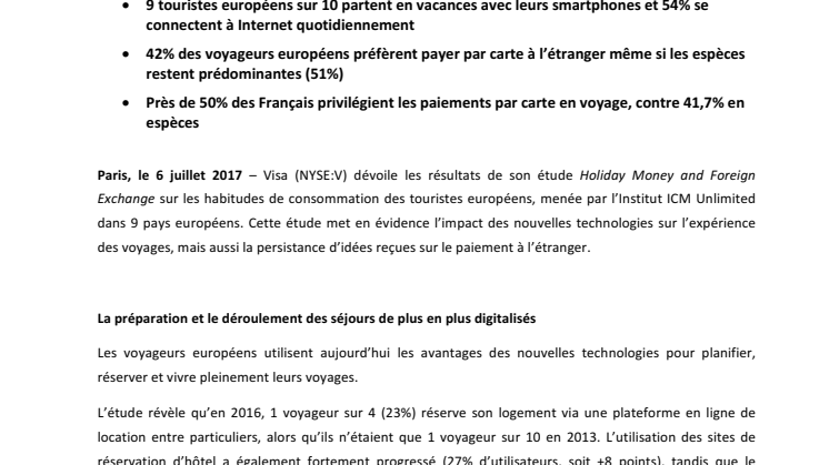 Etude Visa / Institut ICM Unlimited : Des touristes européens toujours plus connectés et payant davantage avec leurs cartes à l’étranger (+10,5% par rapport à 2013)