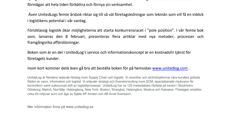 UnitedLog lanserar sin femte årsbok - Världens snabbaste logistik!