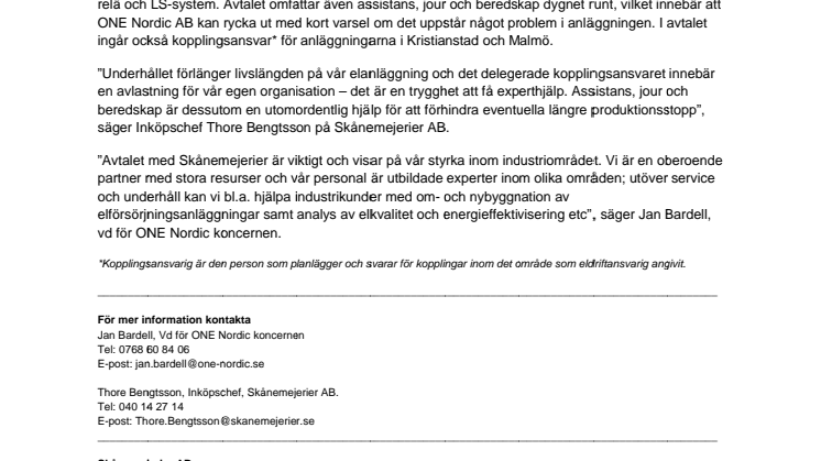 ONE Nordic AB säkrar Skånemejeriers produktion av mejerivaror och juice