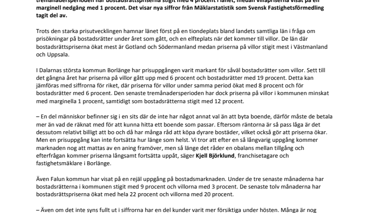 Fortsatt uppåt på bostadsmarknaden i Dalarna  – Falun ökar mest i länet